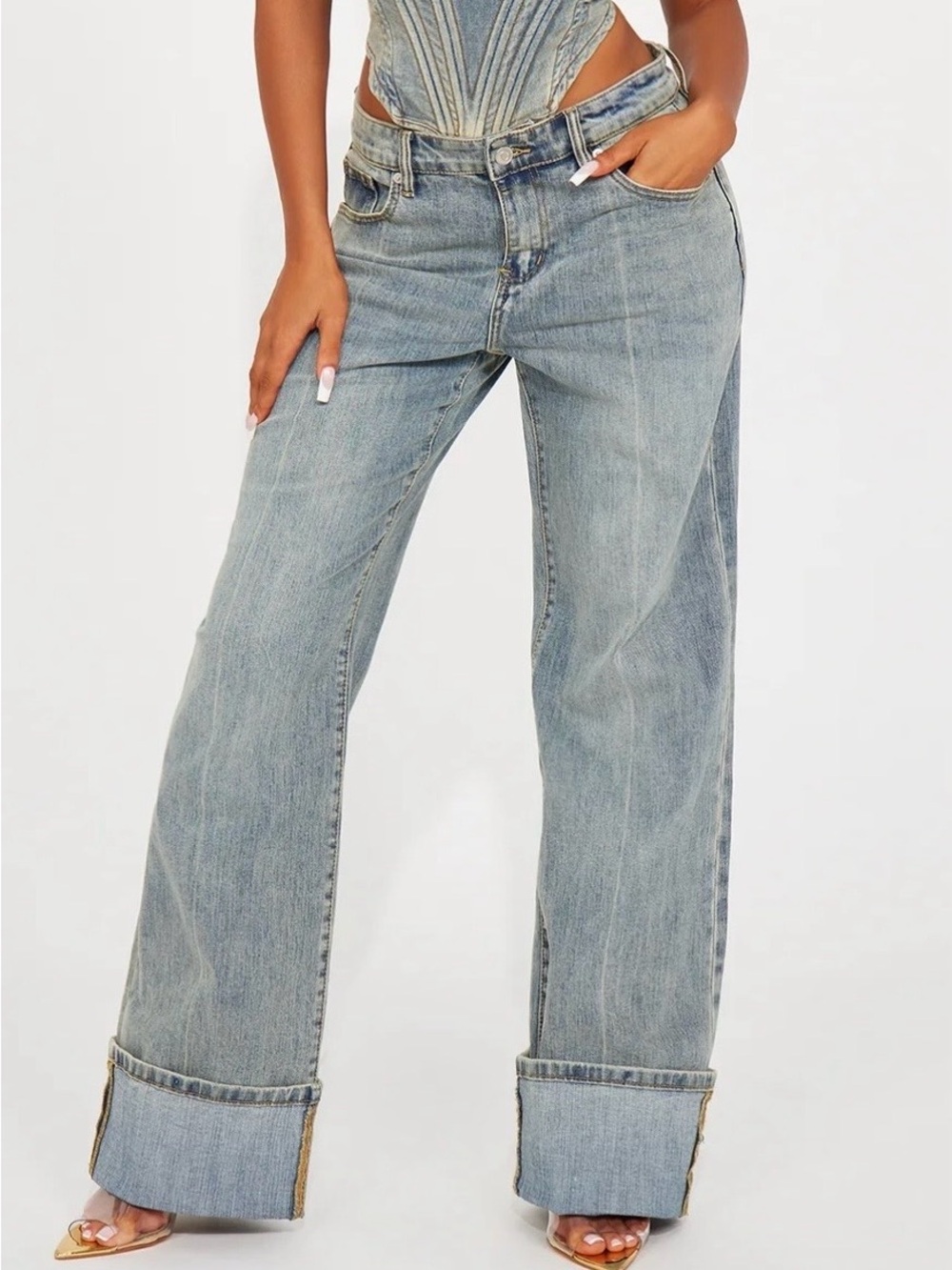 Fashion Nova Light Blue Wide-Leg Cuffed Jeans